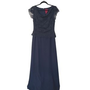 JS Collections Evening Gown Women 10 Navy Blue Lace Peplum Maxi Dress Cowl Neck